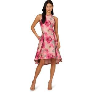 Adrianna Papell High Lo Jacquard Midi Dress Pink Multi sz 16 Floral Mikado $250